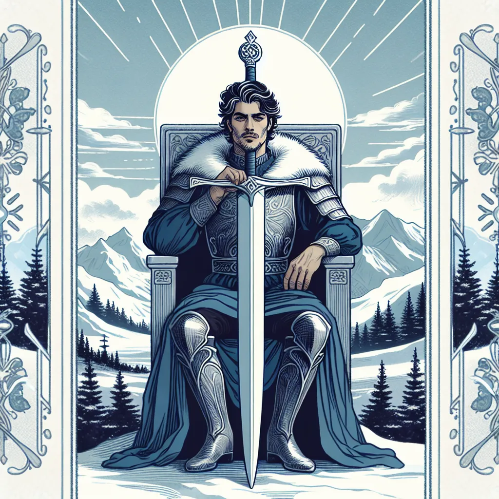 Create an image of the King of Swords from tarot card imagery. This royal figure sits confidently on a throne amidst a wintry landscape. He is depicted as a wise middle-aged Hispanic man with sharp, intelligent eyes. His hand firmly grasps a large, upright sword that symbolizes mental clarity and truth. The background should include a clear sky and mountains, representing higher thinking and perspective. The color palette should emphasize cool tones like silver, blue, and gray, highlighting the king's intellectual and analytical nature.