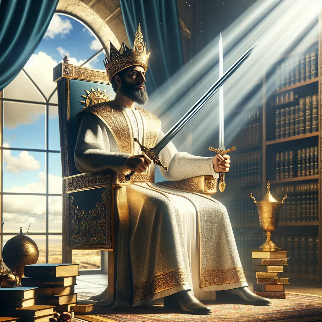 Create an image of a figure resembling the King of Swords, seated majestically on a throne. The figure is depicted as a stern yet wise Middle-Eastern man, holding a gleaming sword upright in his hand. The setting is a serene, scholarly environment filled with books and scrolls. The background should include a clear blue sky symbolizing clarity, and rays of light illuminating the figure, representing wisdom and authority. The atmosphere should convey a sense of calm strength and strategic foresight.