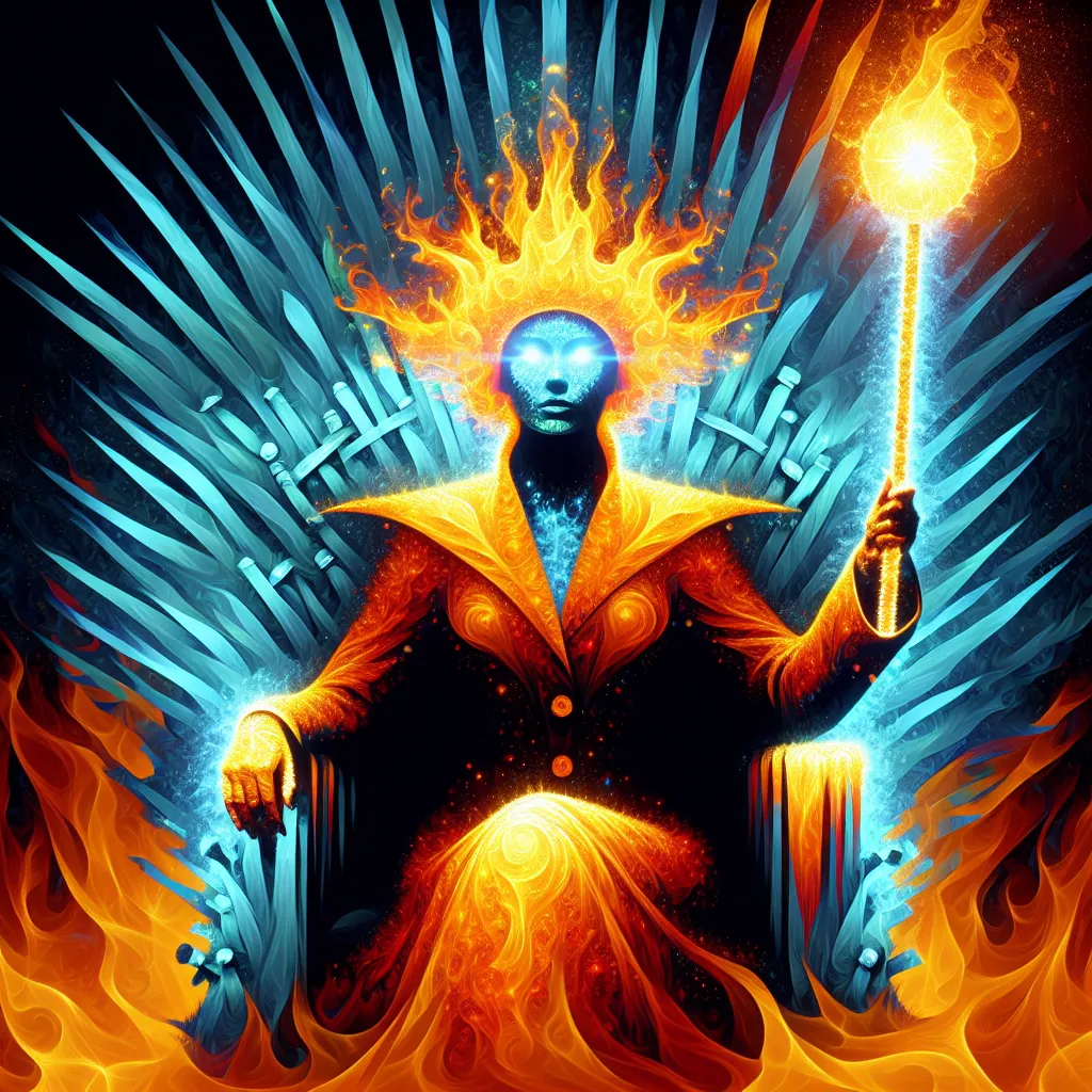 Generate an image of a respected and charismatic public figure sitting on a throne made out of burning wands. This Will-o'-the-wisp of a figure, dressed in vibrant colors, emanates an aura of determination and leadership. Within their grasping hand, they hold a large, brightly burning wand. Their eyes shine with a bright, fiery light, capturing the quintessence of creativity and passion, making them a beacon in a world clinging to conventionality.