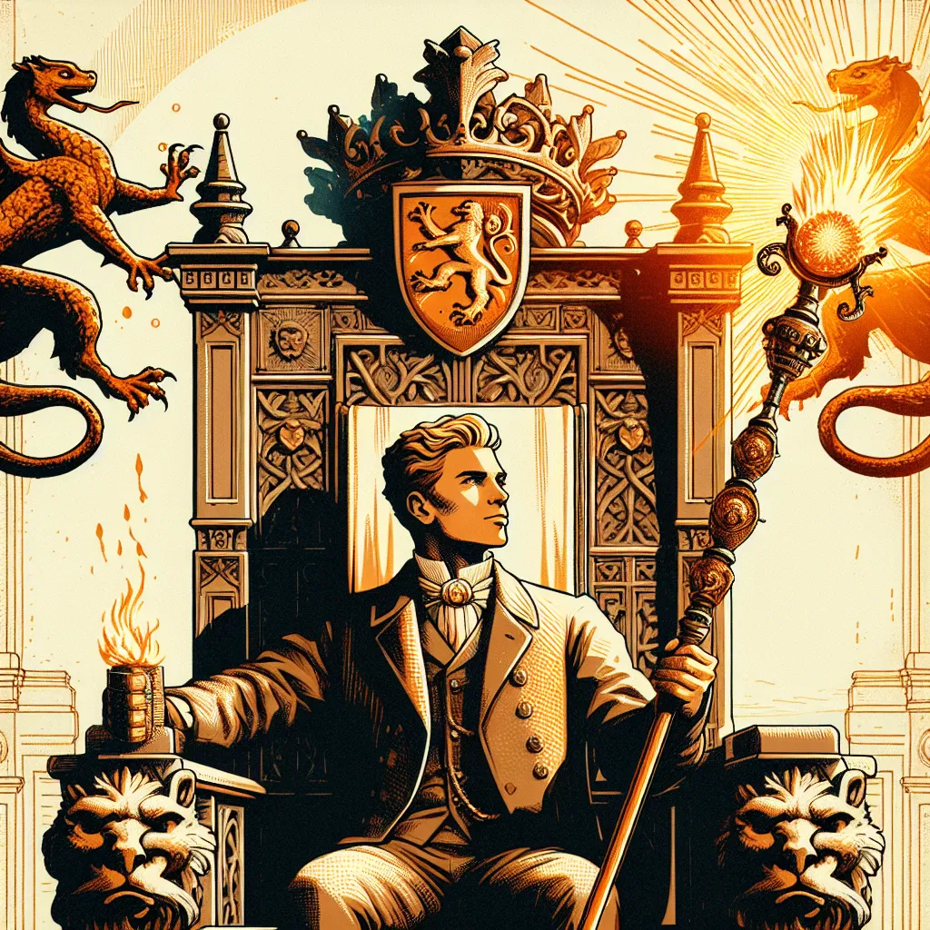 Craft an image of a regal and noble figure seated on an ornamented throne, holding a radiant scepter ablaze with fire. The seat of power is adorned with emblems of lions indicating might, and salamanders signifying change and evolution. This public figure looks off into the horizon, radiating resolve and foresight. The setting is a clear day with the sun shining brightly. Use a palette of warm and lively hues to convey a sense of energy and command.