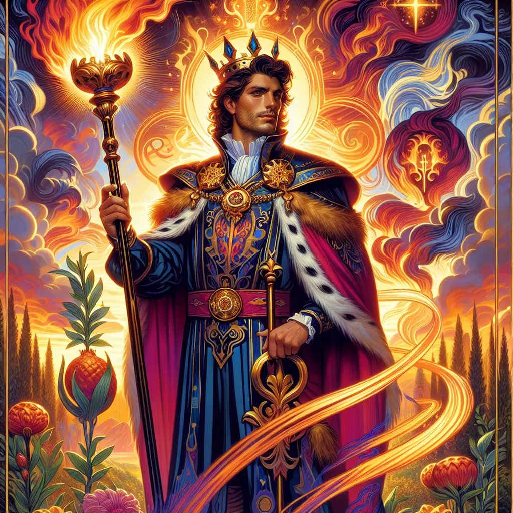 A regal and charismatic figure embodying the King of Wands from the tarot, depicted as a confident and visionary leader. He stands in a vibrant landscape, holding a staff with a glowing flame atop it. His attire is richly adorned with symbols of creativity, passion, and determination. Around him, elements of fire and light cast dynamic shadows, symbolizing powerful energy and inspiration. The scene exudes a sense of strength, wisdom, and unbridled potential.