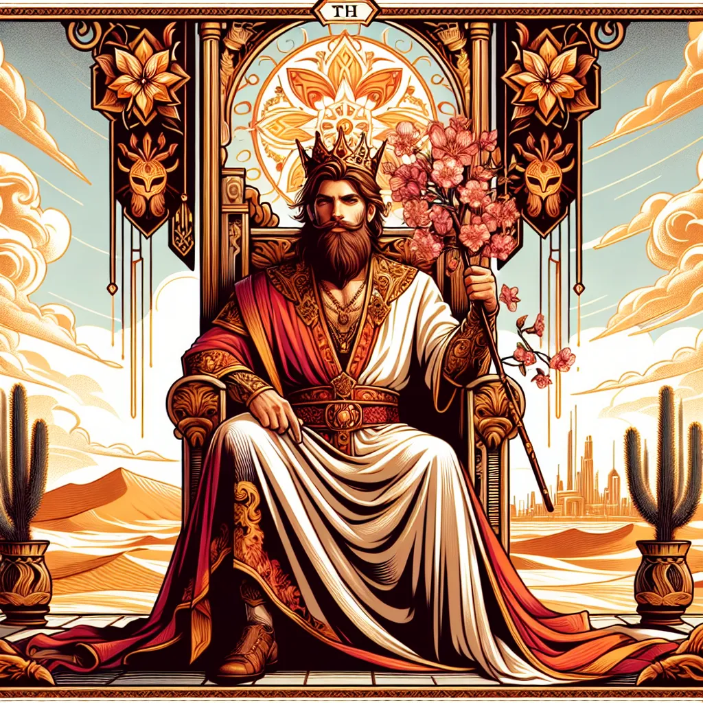Create a digital illustration of the King of Wands tarot card. The image features a regal and charismatic king seated on a throne adorned with fiery motifs, indicative of the element of fire. He holds a blossoming wand symbolizing inspiration and leadership. Surround him with desert landscapes or a vibrant cityscape in the distance to convey authority and purpose. The overall color palette should include rich reds, oranges, and golds to emphasize his dynamic energy and passion.