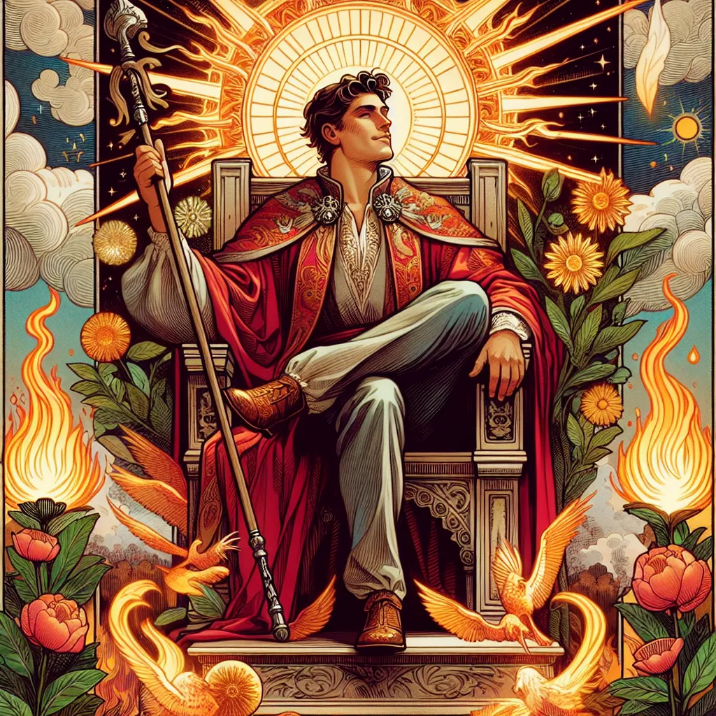 Create an image of the King of Wands from the tarot deck, depicted as a confident and visionary leader sitting on a grand throne. The King holds a wand in one hand, symbolizing creativity and initiative. He radiates a fiery and passionate aura, surrounded by symbols of growth and inspiration—perhaps flames, sunlit skies, or blossoming plants. The scene is imbued with regal colors like rich reds and golds, conveying an essence of charisma and authority, balanced with elements of nature that evoke a sense of growth and prosperity.