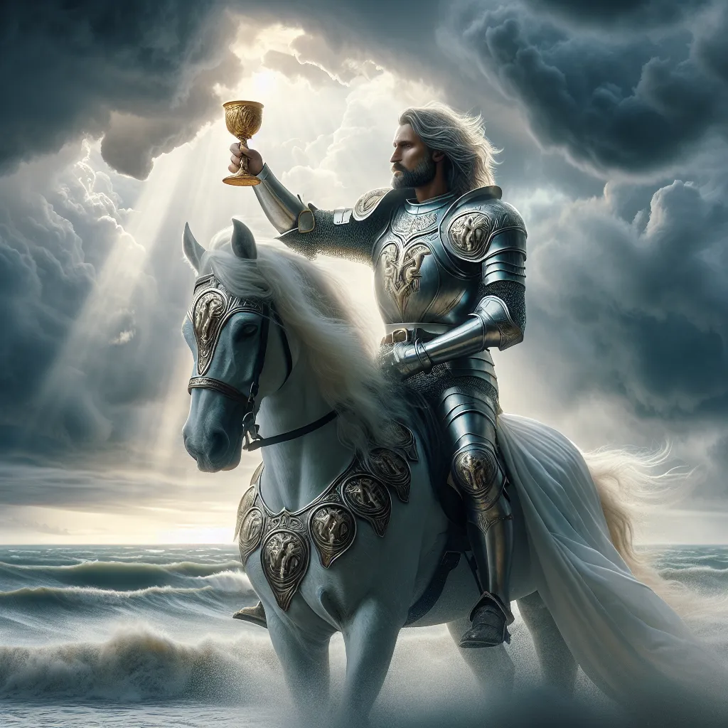 Imagine a magnificent Caucasian male Knight, who is astride a white steed on a gusty seashore. His attire includes a silver suit of armor adorned with elaborate engravings of cups. In the right hand, he is lifting a golden goblet, appearing to glow with heavenly light. The stormy ocean is a mirror of his emotional fortitude, whereas the peaceful heavens reflect the serenity of his psyche.