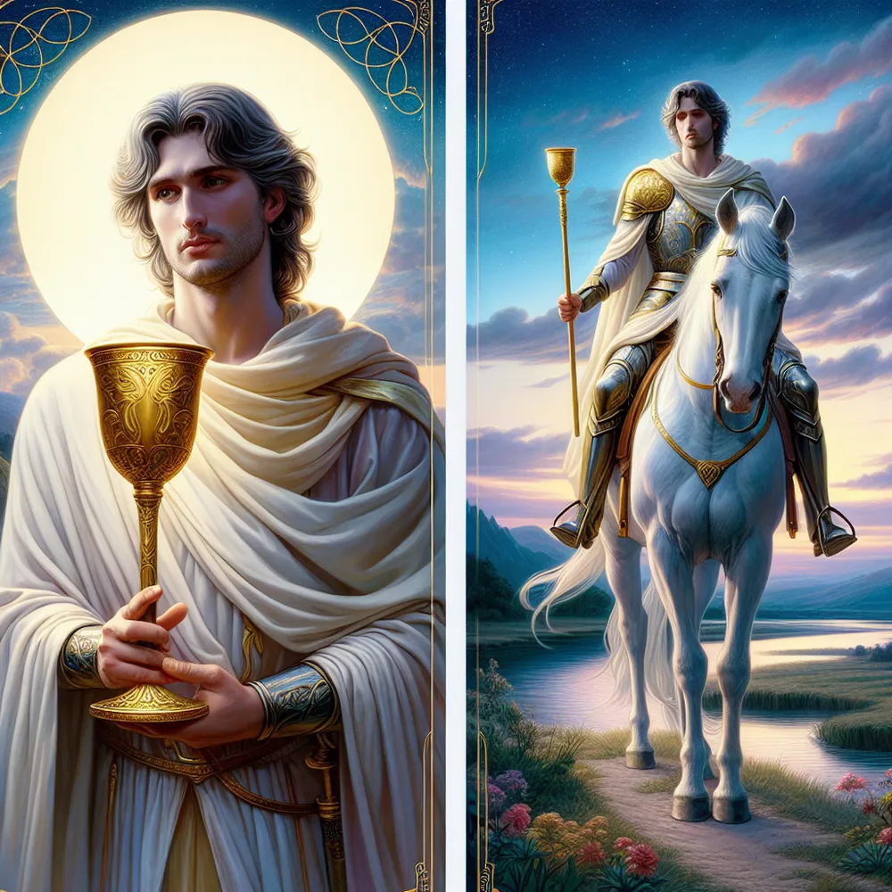 Create an image of a majestic knight dressed in elegant, flowing robes, holding a golden chalice with a serene, introspective expression. He rides a white horse through a peaceful, tranquil landscape with a gentle river winding in the background, under a soft, twilight sky. Incorporate elements of romanticism and fantasy, emphasizing the knight's quest for beauty and meaning, while highlighting the balance of emotion and aspiration in a classic tarot card style.