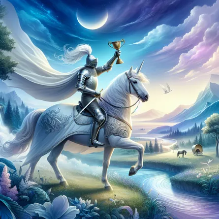 Create an illustration of a noble knight in shining armor riding a white horse. The knight carries a golden cup, held gracefully in his hand, with the backdrop of a serene and mystical landscape. The scene conveys a sense of dreaminess and romantic idealism, with soft colors like blues and purples, capturing the knight's contemplative and imaginative journey. Add elements of nature such as a gentle river or blooming flowers to enhance the atmosphere of creativity and passion.