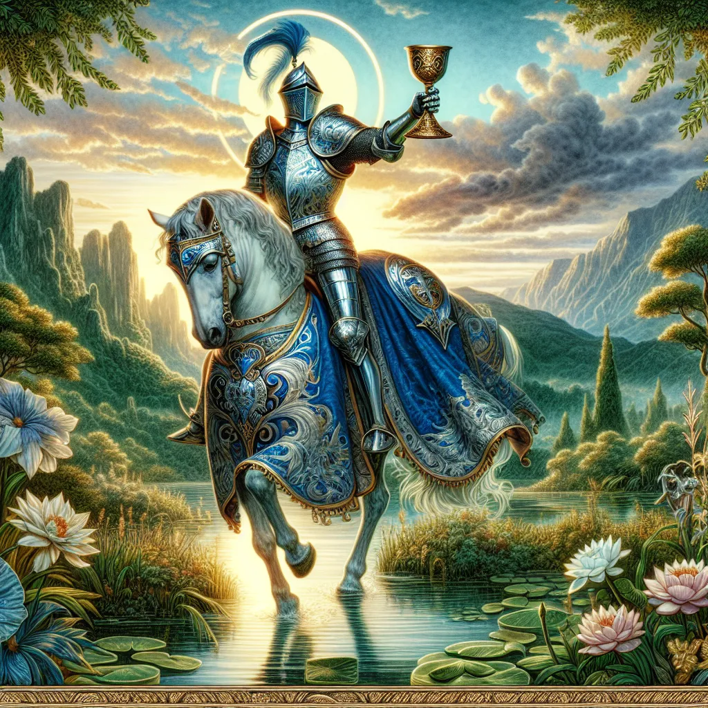 Generate an image showcasing the 'Knight of Cups' inspired by traditional tarot imagery. In the scene, a gallant and noble knight of South Asian descent dressed in intricately detailed blue and silver armor, symbolizing water and emotions, is shown mounted on a white horse, journeying through a picturesque landscape basked in the golden light of dawn. The knight gracefully extends his hand, presenting an ornate chalice indicative of dreams and aspirations. The backdrop is filled with verdant green foliage and tranquil waters, painting a romantic and reflective atmosphere within the scene.