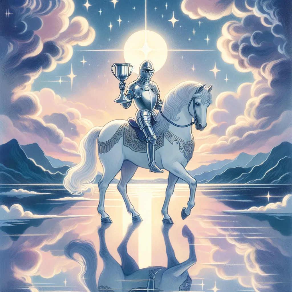 Create a digital art illustration of the Knight of Cups from the tarot deck. The scene features a noble knight in shining armor riding a white horse across a serene, reflective body of water under a twilight sky. The knight holds a silver goblet, symbolizing emotional quest and creativity. Surround him with an aura of dreamlike qualities, like soft, ethereal clouds or a sprinkling of stars, encapsulating the idealism and romance the card represents. Embody a sense of movement and fluidity, highlighting the pursuit of inner desires.