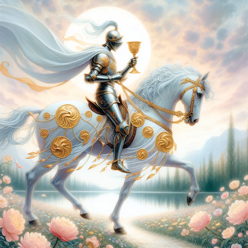 A romantic and imaginative Knight of Cups galloping through a serene landscape, holding a golden chalice gently in his hand. The knight is clad in elegant armor adorned with delicate, flowing emblems of water and waves. His steed moves gracefully through a path of blooming flowers under a soft pastel sky, symbolizing dreams and emotional journeys. The scene conveys an ethereal and dreamlike ambiance.