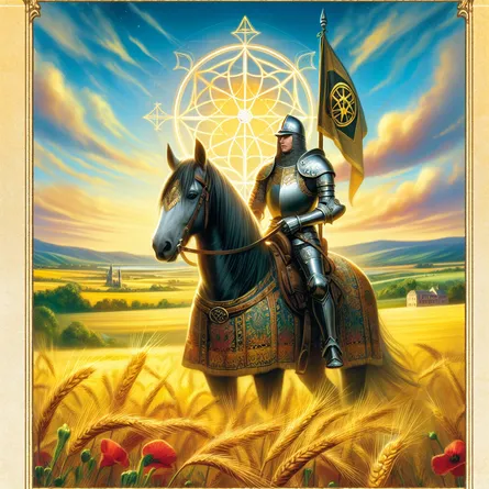 Create an image of a medieval knight riding a sturdy horse through a vibrant landscape. The knight is dressed in traditional armor with intricate details and holds a pentacle, symbolizing diligence and steadfastness. Surround the knight with golden fields under a clear blue sky, portraying an atmosphere of calm determination and steady progress. The visual style should be realistic with a touch of fantasy, capturing the essence of commitment and focused effort associated with the Knight of Pentacles.