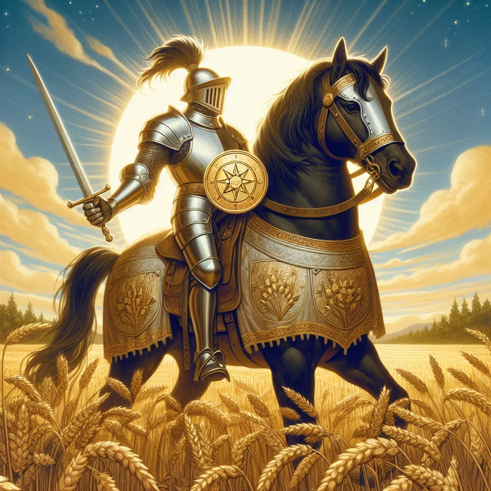Create a detailed hero image of the Knight of Pentacles from the tarot. The knight is a Middle-Eastern man, armored, riding a strong and sturdy horse through a golden field under a clear blue sky. He holds a shining pentacle in one hand, symbolizing his hardworking and diligent nature. Capture the essence of perseverance and steadfast determination. The image should convey a sense of stability, routine, and commitment in a lush, earthy setting that highlights the abundance and potential of the harvest season.