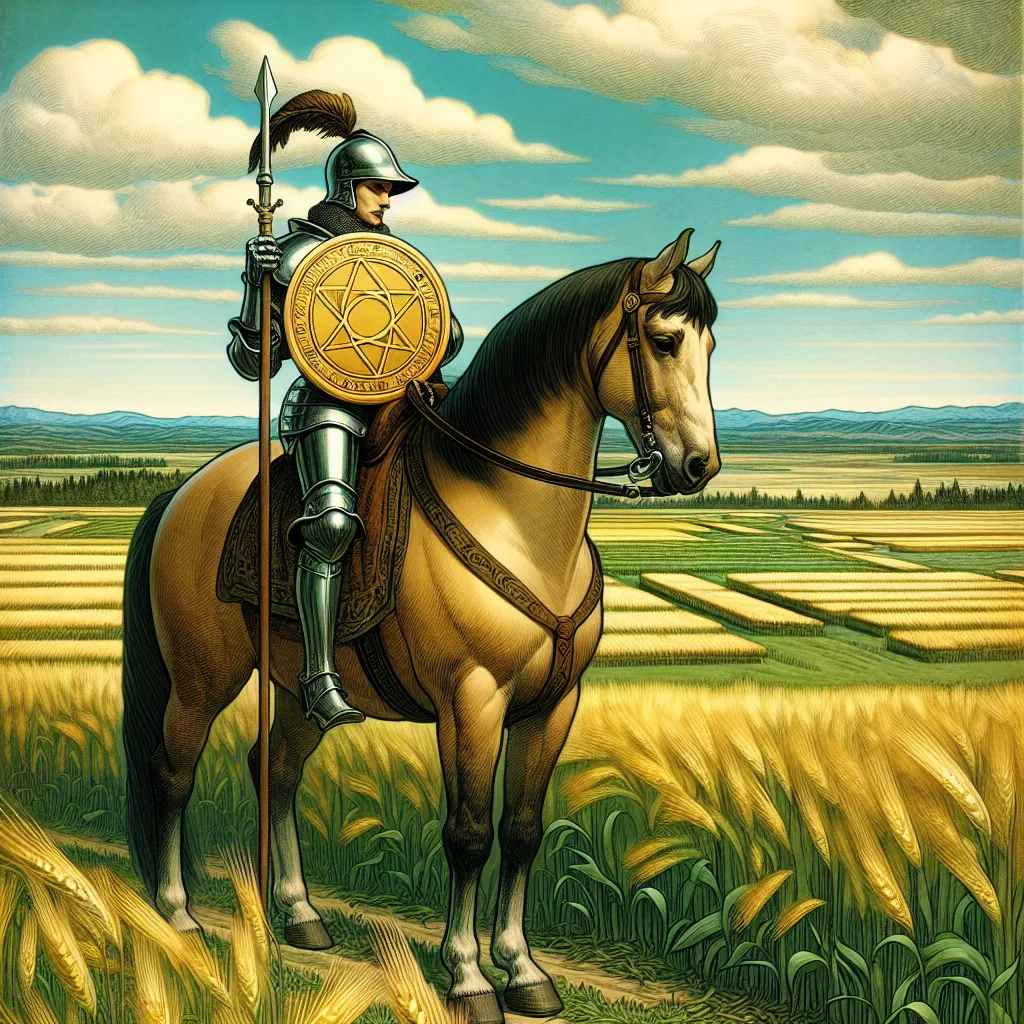 Create an image of the Knight of Pentacles from the tarot deck, portrayed as a steadfast and diligent knight. He is seated on a powerful, steady horse, overlooking a vast, fertile field under a clear blue sky. He holds a golden pentacle in his hand, symbolizing focus and dedication. The scene conveys a sense of patience and commitment to hard work, reflecting a moment of contemplation and purpose. The knight is clad in traditional armor, with earthy tones and hints of green and gold to emphasize growth and prosperity.