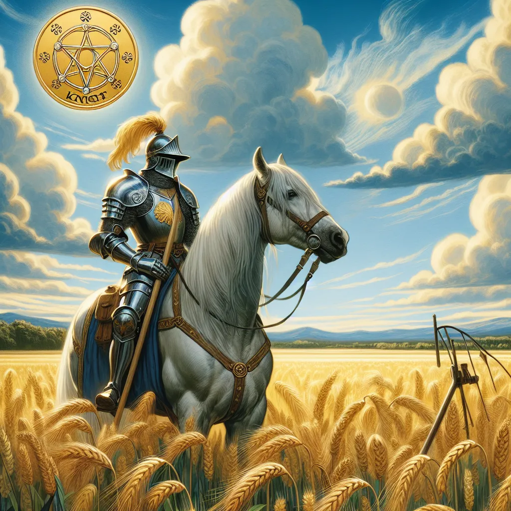 Create a digital artwork of the Knight of Pentacles tarot card. Illustrate a robust knight in detailed medieval armor, seated steadfast on a strong horse, amidst a sprawling field of lush golden crops under a serene blue sky. The knight holds a golden pentacle coin, symbolizing value and responsibility, looking thoughtfully towards the horizon. The scene exudes tranquility, diligence, and commitment, capturing the essence of patience and methodical pursuit. Include elements like a distant plow or simple tools to emphasize the theme of hard work and sustainable growth.