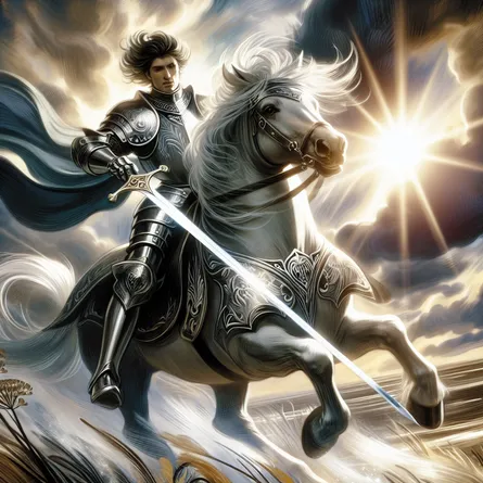 Create an image of the Knight of Swords from tarot. The scene features a dynamic, armored knight riding a powerful, galloping horse through a windswept landscape. The knight is holding a gleaming sword aloft, symbolizing intellect and determination. The background is dramatic with stormy clouds and a hint of sunlight breaking through, signifying clarity emerging from chaos. The focus is on the knight’s confident expression and the movement of the horse, capturing the essence of swift, decisive action and focus.