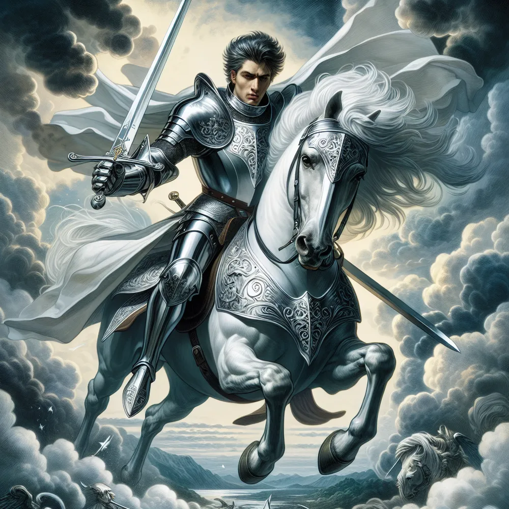 An action-packed scene featuring the Knight of Swords from tarot, showcasing a valiant knight in sleek silver armor, charging forward with a determined expression. The knight wields a gleaming sword raised high, indicative of his ambition and intellectual prowess. He rides a majestic white horse galloping through a stormy landscape, the backdrop full of swirling clouds and distant mountains. Inspirations from traditional tarot imagery infuse the scene, emphasizing themes of swift action, bravery, and decisive movement.