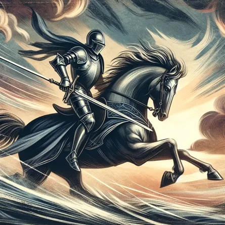 Create an image of the Knight of Swords from tarot, charging forward on a galloping horse. The knight is clad in shining armor, sword raised high with determination. The background is a stormy sky filled with clouds, symbolizing the intensity and urgency of the quest. There's a sense of speed and motion, with wind sweeping across the landscape, capturing the knight's fearless pursuit and focus.