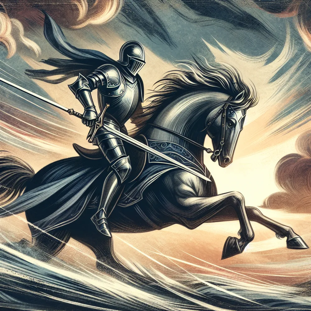 Create an image of the Knight of Swords from tarot, charging forward on a galloping horse. The knight is clad in shining armor, sword raised high with determination. The background is a stormy sky filled with clouds, symbolizing the intensity and urgency of the quest. There's a sense of speed and motion, with wind sweeping across the landscape, capturing the knight's fearless pursuit and focus.