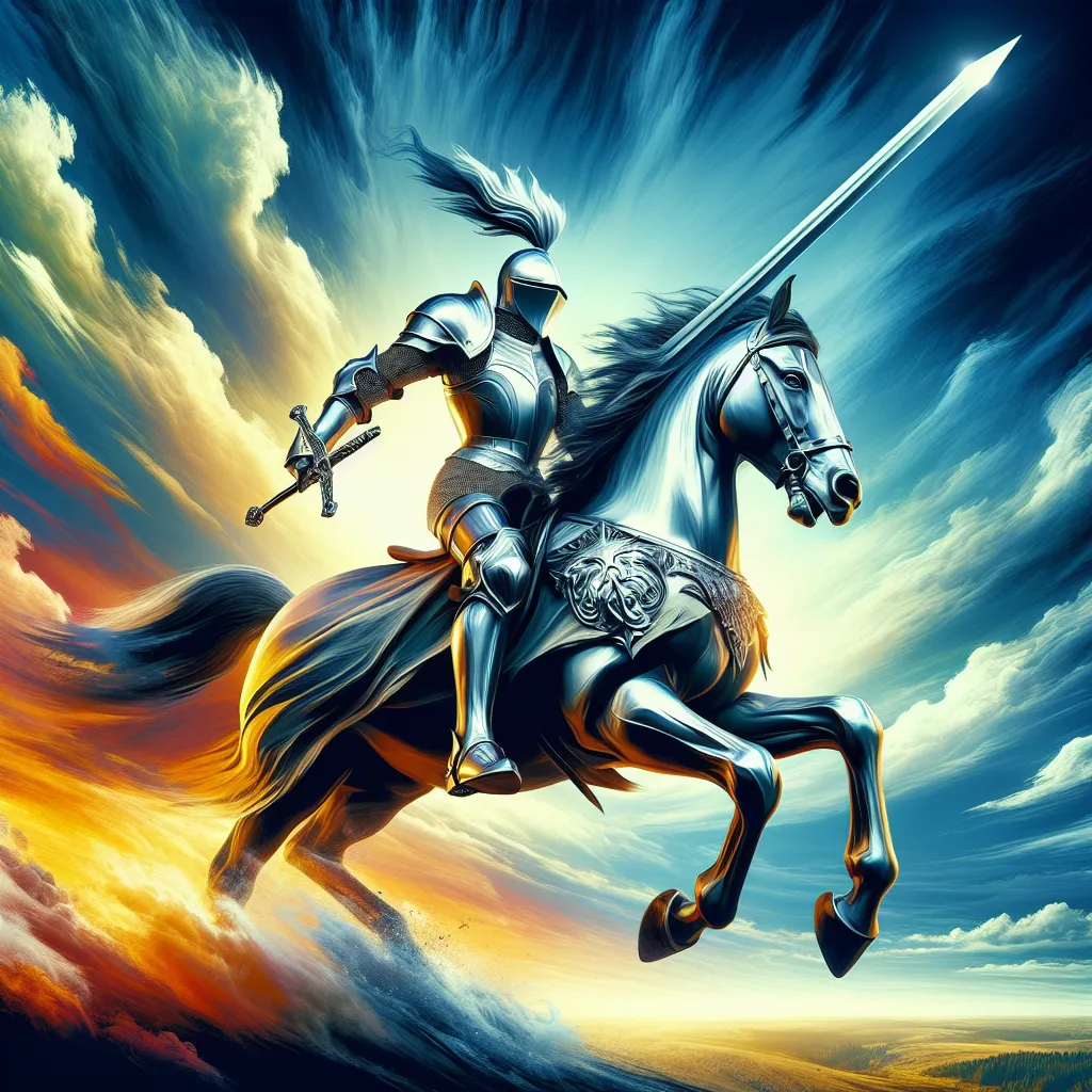 Create an image of a fearless Knight of Swords, depicted on horseback, charging forward with determination. The knight is wearing shiny silver armor that glints under the bright sunlight, holding a gleaming sword aloft. The scene is set against a vivid sky, with clouds rapidly swirling as if mirroring the knight's swift movement. The background features a landscape that hints at both the open road ahead and the challenges that lie in wait, conveying a sense of urgency and adventure.