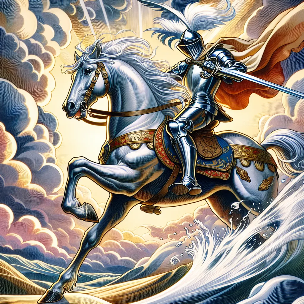 A dynamic and action-packed scene featuring the Knight of Swords from classic tarot imagery. Depict a fearless knight in shining armor galloping forward on a spirited horse, wielding a shining sword with determination. The background includes a windswept landscape to convey swift movement and urgency, with dramatic clouds in the sky, exemplifying ambition and the pursuit of goals. The artwork should be vibrant, detailed, and embody the themes of courage, decisive action, and momentum.
