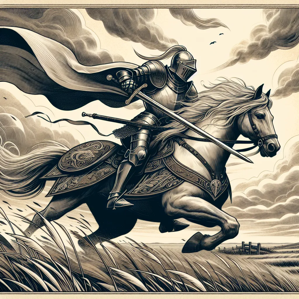 Create a dynamic and detailed illustration of the Knight of Swords from the tarot. Depict a determined knight clad in shining armor, riding swiftly on a galloping horse across an open field under a windy, overcast sky. The knight brandishes a sword with confidence and focus, embodying sheer ambition and the drive for action. Capture the feeling of speed and intensity, with flowing banners, swirling clouds, and scattered blades of grass blowing in the wind. Use a color palette that emphasizes the boldness and urgency of the scene.