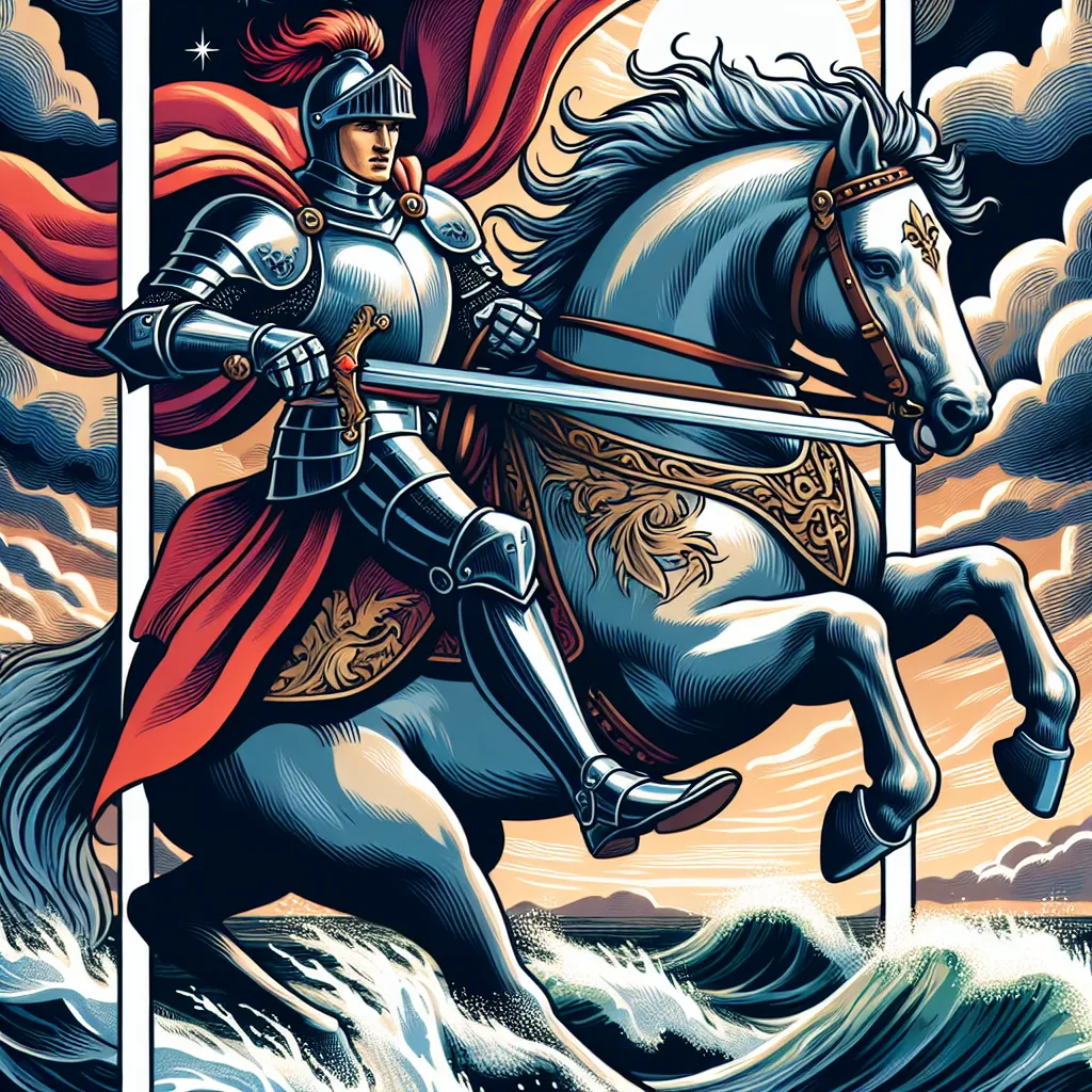 Create an illustration of the Knight of Swords tarot card, featuring a brave knight in shining armor riding a charging horse. The knight holds a sword high in the air, symbolizing action and determination. The background shows turbulent clouds, representing the challenges he faces, and a strong wind whips around, adding dynamism to the scene. The overall mood is one of urgency and focused energy, highlighting the knight's relentless pursuit of goals.