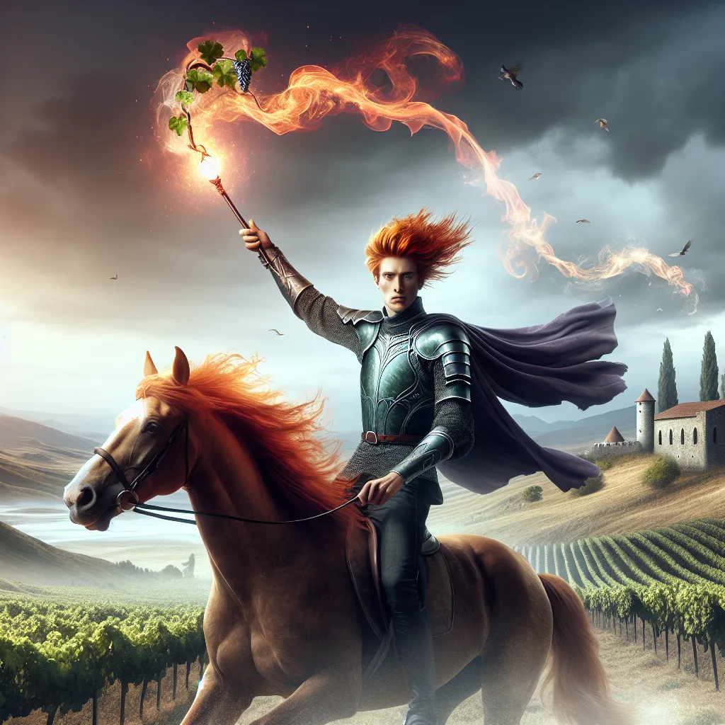 Create an image where a young and charismatic knight with fiery red hair gallantly rides a spirited horse across an expansive, windblown desert. This knight is holding aloft a wand engulfed in flames, symbolizing vitality and spontaneity. In the distance, accentuating the striving for perfection, a brilliant gem is being passionately polished and honed. Far off on the horizon, there's a stone-castle surrounded by verdant vineyards filled with ripening grapes, embodying the assurance of overflowing prosperity.