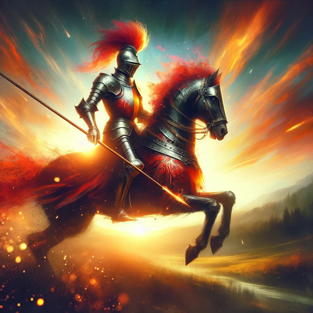 Create a dynamic art piece of the Knight of Wands. The image should capture a knight dressed in vibrant, fiery armor with a plume of red on the helmet, riding a gallant steed through a scenic landscape. The background is a fiery sunset, symbolizing passion and ambition, with blurred rays of sunlight casting dramatic shadows. The knight is holding a wand upright, galloping forward with an expression of determination and courage, as sparks fly from the horse's hooves, embodying action and energy.