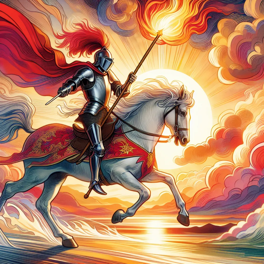 Create an image of the Knight of Wands from the tarot deck. The scene should feature a dynamic knight in motion, riding a horse through a vibrant landscape, symbolizing energy and adventure. The knight should be wearing medieval armor with a flowing red cape, holding a wand that's aflame at the tip. The background should depict a sunset with dramatic clouds, suggesting movement towards new horizons. The atmosphere should convey courage, passion, and spontaneity, capturing the essence of the hero's journey.