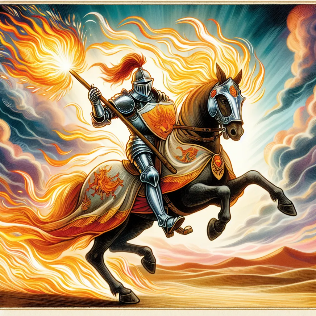 Create an image of the Knight of Wands from tarot, depicted as a dynamic figure in medieval armor, riding energetically on a spirited horse. The knight wields a blazing wand that emits fiery bursts, symbolizing passion and action. The background is a vibrant desert landscape under a dramatic sky, reflecting a sense of adventure and movement. The colors are bold and warm, emphasizing the knight's fearless and enthusiastic nature.