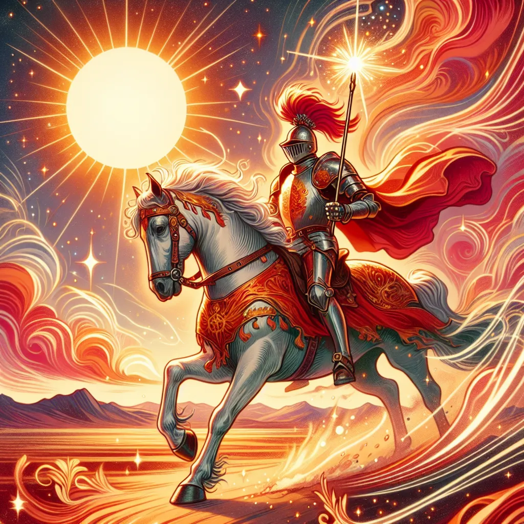 Create a vibrant and dynamic image of the Knight of Wands tarot card. Depict a bold knight on horseback, clad in fiery armor and holding a wand, galloping through a desert landscape. Surround the scene with swirling red and orange hues to evoke passion and energy. Include mystical elements such as a blazing sun in the sky and a trail of ethereal sparkles following the horse, symbolizing adventure and enthusiasm. The atmosphere should convey excitement and fearless pursuit.
