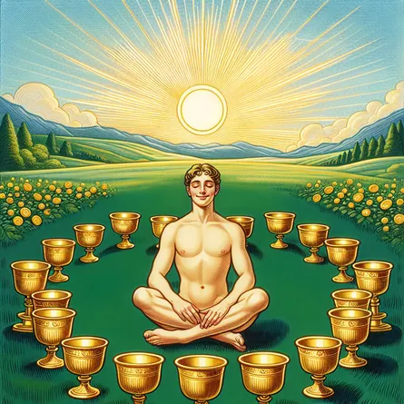 Create an image of a serene and contented figure seated in front of nine golden cups arranged in a semicircle on a lush green field. The person has a satisfied, peaceful expression, symbolizing fulfillment and gratification. In the background, a clear blue sky with the soft glow of a setting sun symbolizes warmth and joy. The scene should evoke feelings of abundance, happiness, and the gentle harmony of achieved dreams, while incorporating a classical tarot aesthetic.