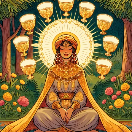 Create an illustration of the Nine of Cups tarot card. Depict a serene, content character dressed in opulent attire, seated in a lush garden setting. The figure is a female of Middle-Eastern descent, smiling with eyes closed in meditation, surrounded by nine golden cups arranged in an arc behind them. Emphasize themes of fulfillment and contentment with warm, vibrant colors, showcasing a rich sense of abundance and peace.