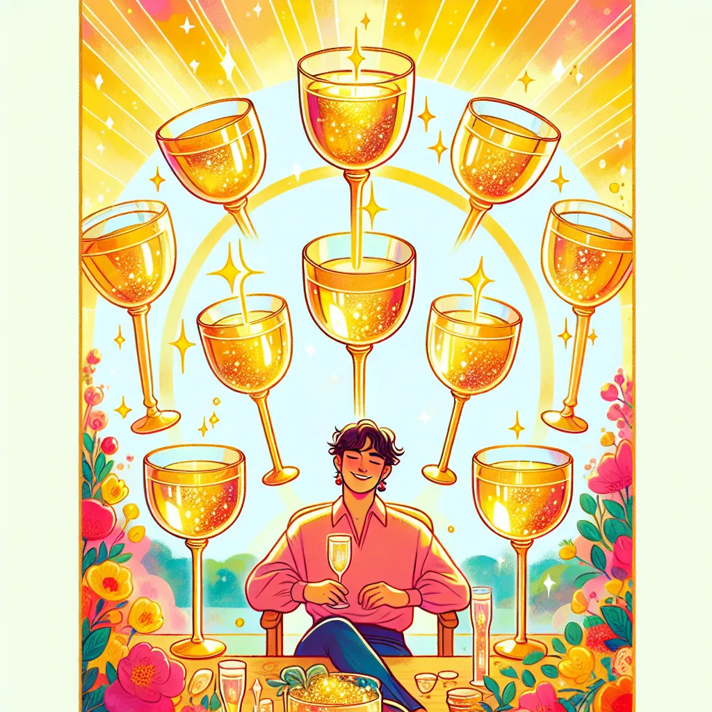 Create a serene and vibrant illustration of the Nine of Cups tarot card. Depict a content and smiling figure seated confidently before a semi-circle of nine golden cups, each brimming with sparkling wine, representing abundance and fulfillment. The background should be colorful and cheerful, symbolizing joy and satisfaction, with a warm and welcoming ambiance. Include elements of nature, such as blooming flowers and soft sunlight, to emphasize the theme of gratitude and contentment.