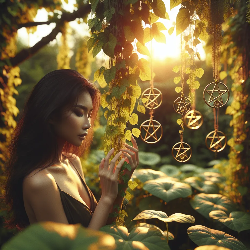 A serene South Asian female, showcasing a sense of tranquility and relaxation, is standing amidst a lush garden that is abundantly covered in vibrant vines. Her hand gently caresses one of the nine golden pentacles that hang prolifically from the surrounding foliage. The setting sun casts a warm, golden light over the scene, intensifying the atmosphere of prosperity and fulfillment.