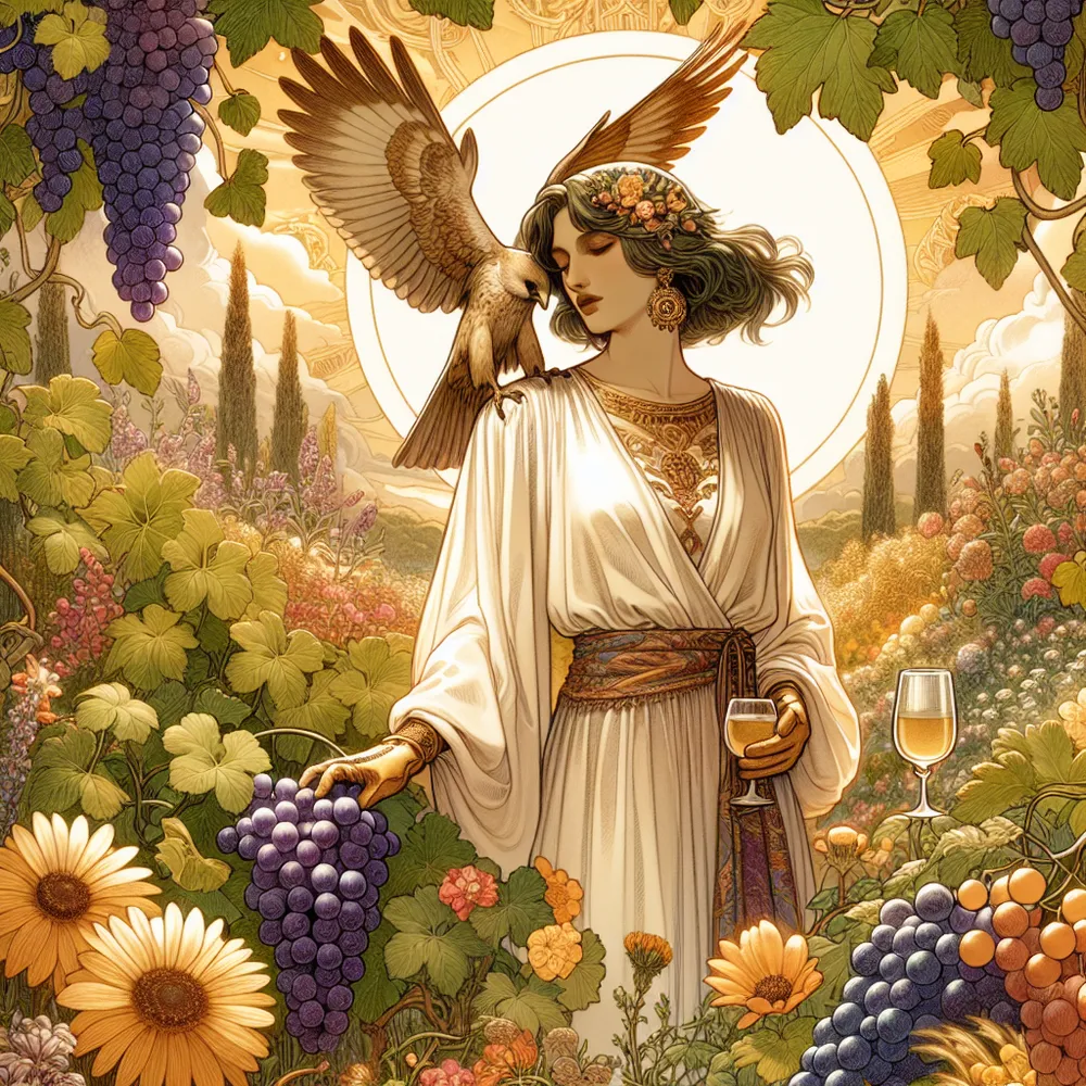 Create an illustration of the Nine of Pentacles tarot card, featuring a serene and elegant woman standing in a lush garden filled with ripe grapes and blooming flowers. She is dressed in a luxurious and flowing tunic, embodying a sense of wealth and independence. A falcon perches gracefully on her gloved hand, symbolizing control and refinement. The background should convey an aura of tranquility and abundance, with warm, golden tones reflecting the harmonious beauty of nature surrounding her.