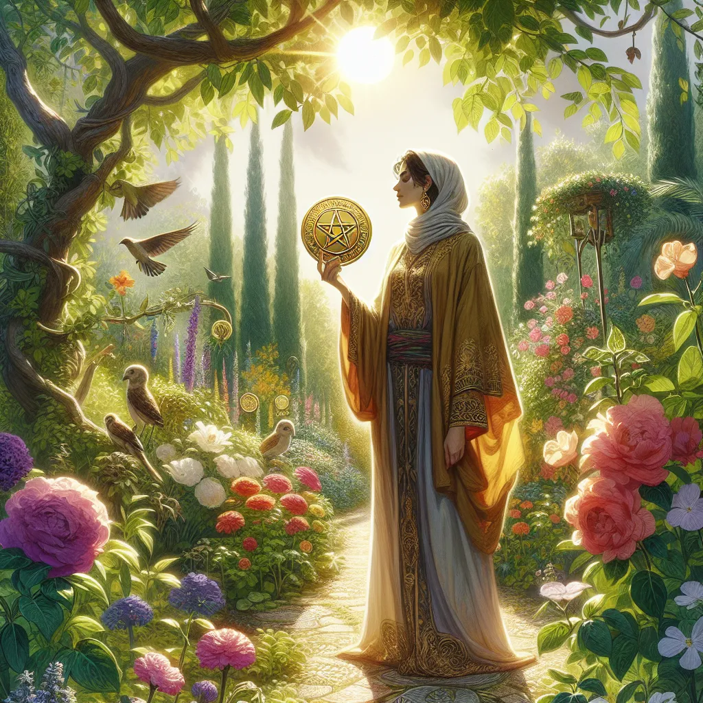 Create a serene and lush garden scene where a solitary, elegant Middle-Eastern woman stands, surrounded by vibrant greenery and blooming flowers. She holds a golden pentacle in one hand, symbolizing wealth and independence. The sun casts a warm glow, highlighting her confident poise and the abundance around her. Birds flutter nearby, adding to the atmosphere of peace and self-sufficiency. The setting conveys a sense of achievement, harmony, and satisfaction. This scene visually encapsulates the themes of abundance, self-reliance, and the tranquility that the Nine of Pentacles embodies.