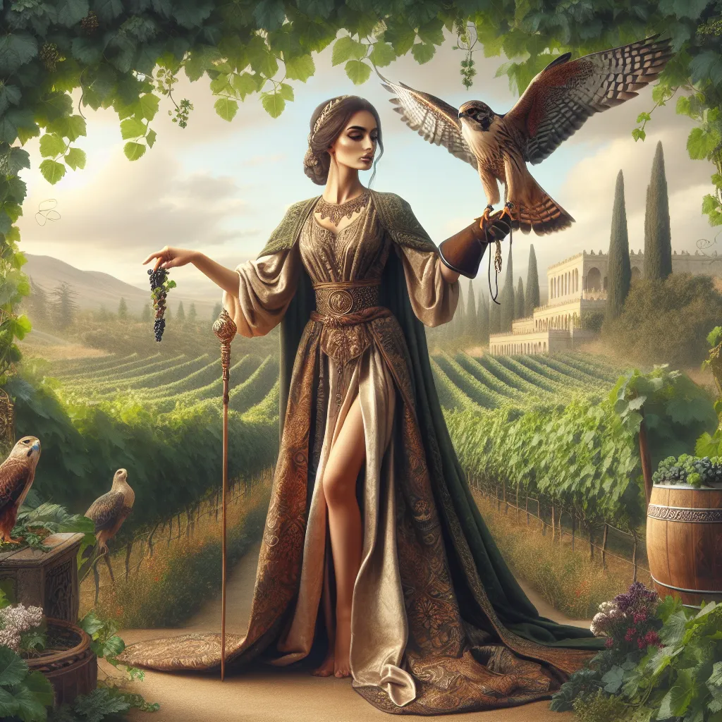 Create an image of an elegant, self-assured Middle-Eastern woman standing in a lush, abundant garden. She is dressed in luxurious, flowing robes and holds a falcon, symbolizing control and discipline. She is surrounded by vines and lush greenery, symbolizing abundance and prosperity. In the background, please incorporate a classical, serene landscape with vineyards and a majestic estate, reflecting a sense of accomplishment and fulfillment.