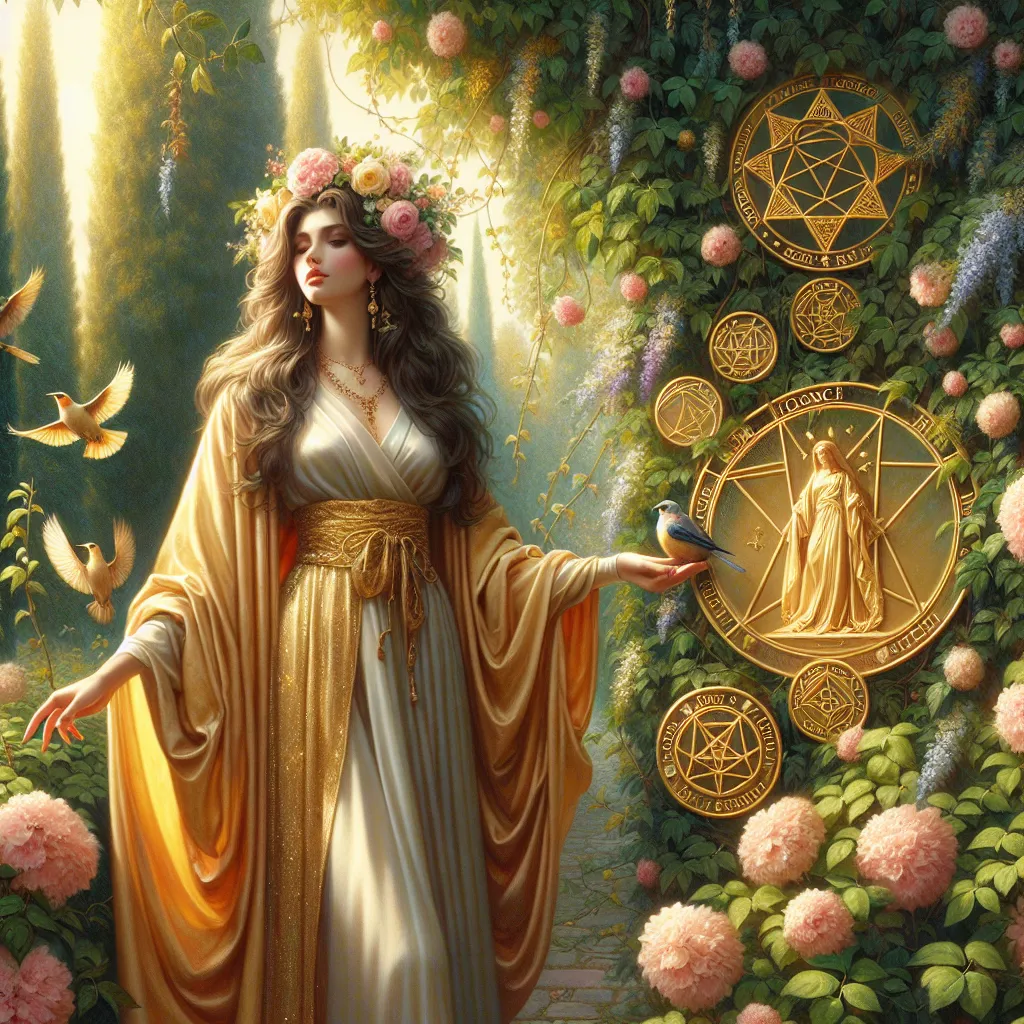 Create a lush, serene garden scene where a confident, elegant woman stands amidst blooming vines and golden pentacles. She is dressed in luxurious, flowing robes, embodying grace and self-sufficiency. The background is bathed in warm, afternoon light, highlighting the abundance and tranquility of her surroundings. Include small birds fluttering around her to symbolize freedom and accomplishment, drawing inspiration from Renaissance art styles.