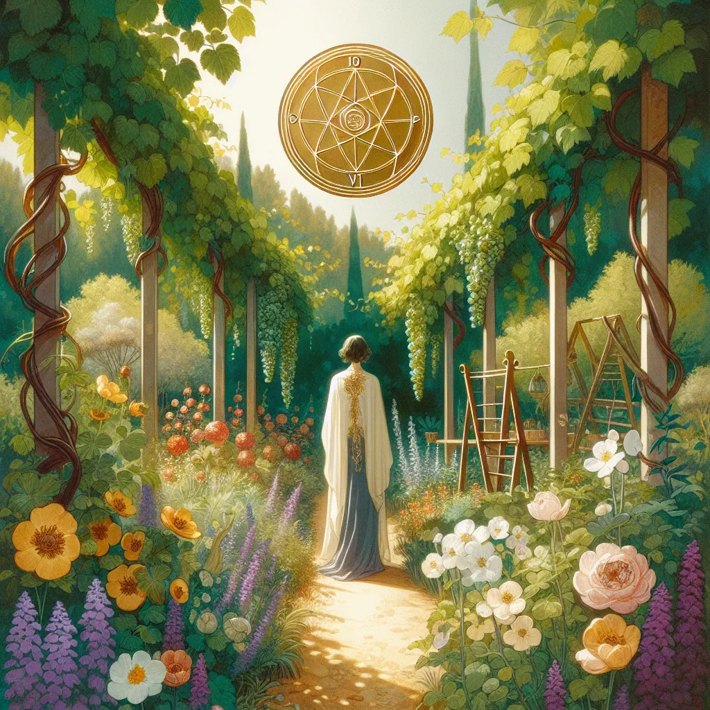 Create a lush, serene garden scene for the Nine of Pentacles tarot card, featuring a solitary figure in elegant attire standing amidst abundant grapevines and blooming flowers. The figure exudes a sense of contentment and accomplishment, surrounded by a golden pentacle emblem subtly integrated into the landscape. The ambiance should blend classic tarot mysticism with a warm, inviting atmosphere, highlighting themes of luxury, independence, and self-sufficiency.
