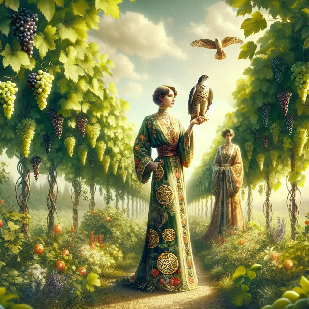 Create a picturesque scene of the Nine of Pentacles tarot card: a serene garden filled with lush, green vines of ripe grapes. In the foreground, a woman stands gracefully, exuding confidence and fulfillment. She wears a lavish, flowing robe adorned with pentacle motifs, symbolizing her independence and self-reliance. The garden is bathed in the soft, golden glow of sunlight, evoking a sense of harmony and abundance. Include a bird, possibly a falcon, perched calmly on her hand to signify her mastery and connection with nature.