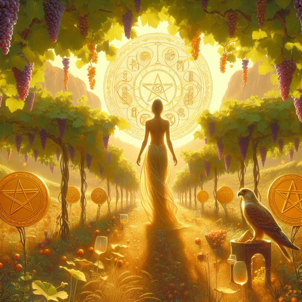 Create an elegant and serene digital illustration of a figure standing in a lush garden signifying the Nine of Pentacles. The figure should appear self-assured and content, surrounded by opulent grapevines and golden pentacles. The scene should convey an atmosphere of abundance and tranquility, with a warm, golden light cascading over the landscape. Include a majestic bird, like a falcon, perched nearby, symbolizing wisdom and self-discipline.
