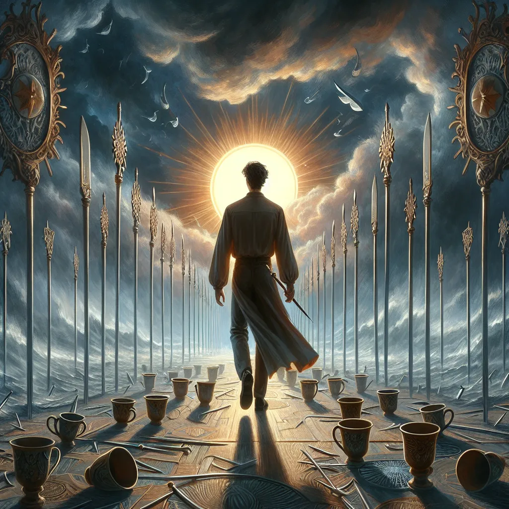 A figure, embodying intellectual power and authority similar to the symbolic representation of the King of Swords in traditional tarot, stands against a tempestuous night canvas filled with nine decorative swords, evocative of the Nine of Swords card. This figure strides away from eight empty, ornate cups, reminiscent of the depiction in the Eight of Cups tarot card. The character is advancing towards a rising sun, indicative of new beginnings and hope. The setting should convey a sense of narrative progression, with a symbolic journey from turmoil and abandonment towards the promise of dawn.