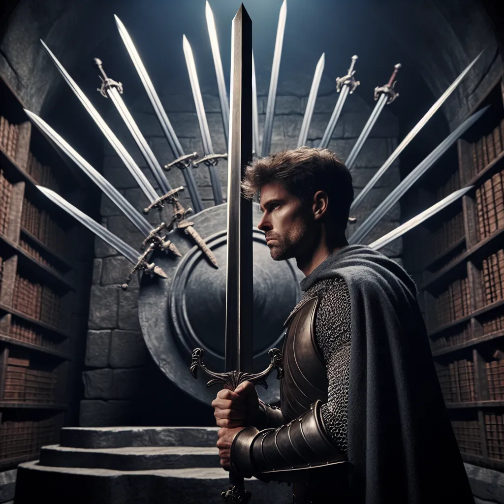 A stoic-looking Caucasian male knight, with a determined gaze, stands defiantly before a large and imposing sword that is firmly embedded into a stone wall. The room is dimly lit, adding an element of suspense and mystery. This knight is daringly encircled by eight ethereal swords, each representing a unique fear of his. The room he is in bears a striking resemblance to an ancient library, with towering wooden shelves replete with dusty books, emblematic of age-old knowledge and wisdom.