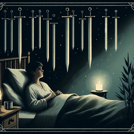 Create an illustration of the Nine of Swords tarot card: a person sits up in bed in a dimly lit room, their face showing distress and worry. Nine swords are displayed above them, symbolizing anxiety and fears. The atmosphere is somber and reflective, with dark, muted colors. The room should convey a sense of solitude, yet include a hint of hope or a calming influence, such as a small glowing candle on the bedside, hinting at the potential for relief and enlightenment. The style should be a blend of classic tarot card imagery with a touch of dream-like surrealism.