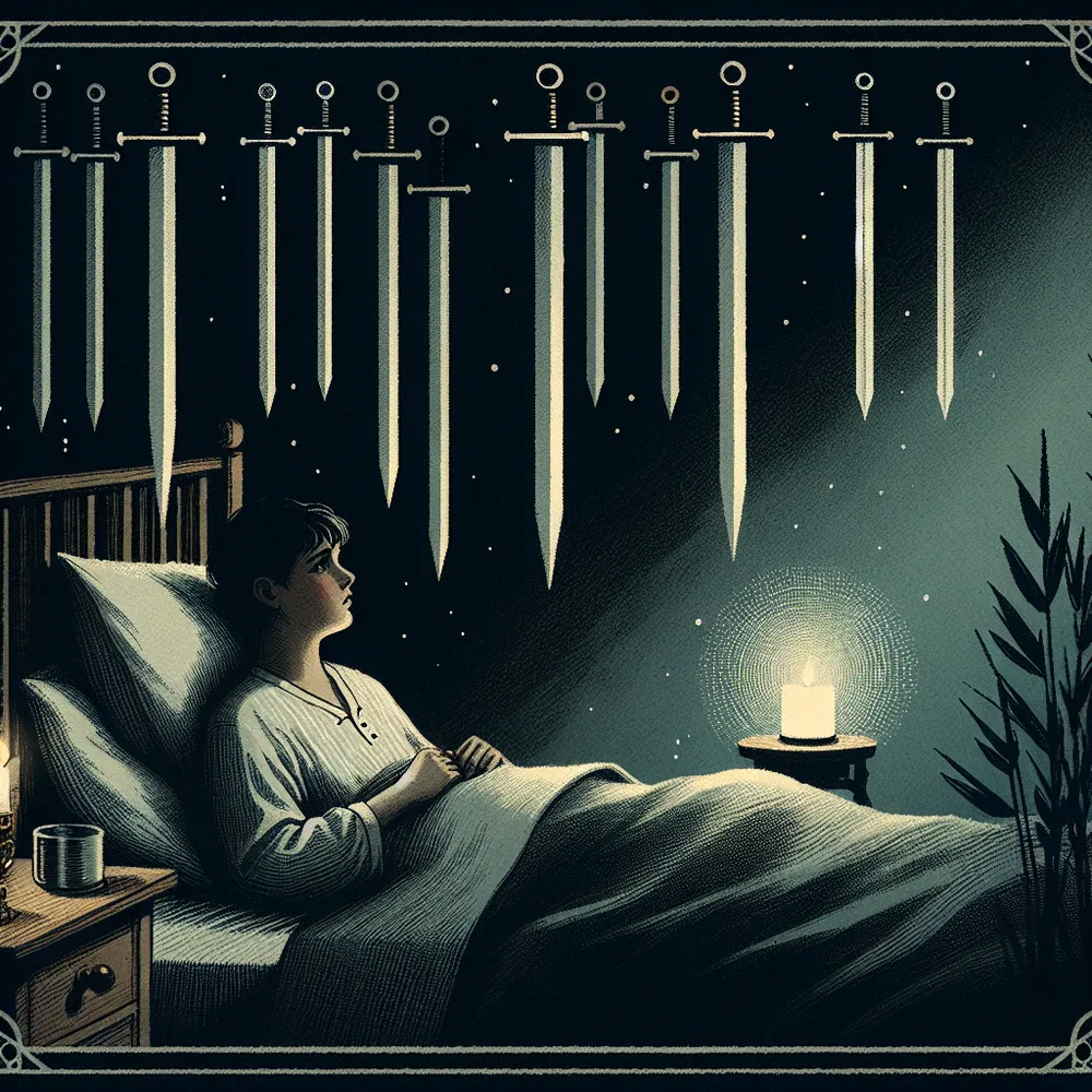 Create an illustration of the Nine of Swords tarot card: a person sits up in bed in a dimly lit room, their face showing distress and worry. Nine swords are displayed above them, symbolizing anxiety and fears. The atmosphere is somber and reflective, with dark, muted colors. The room should convey a sense of solitude, yet include a hint of hope or a calming influence, such as a small glowing candle on the bedside, hinting at the potential for relief and enlightenment. The style should be a blend of classic tarot card imagery with a touch of dream-like surrealism.