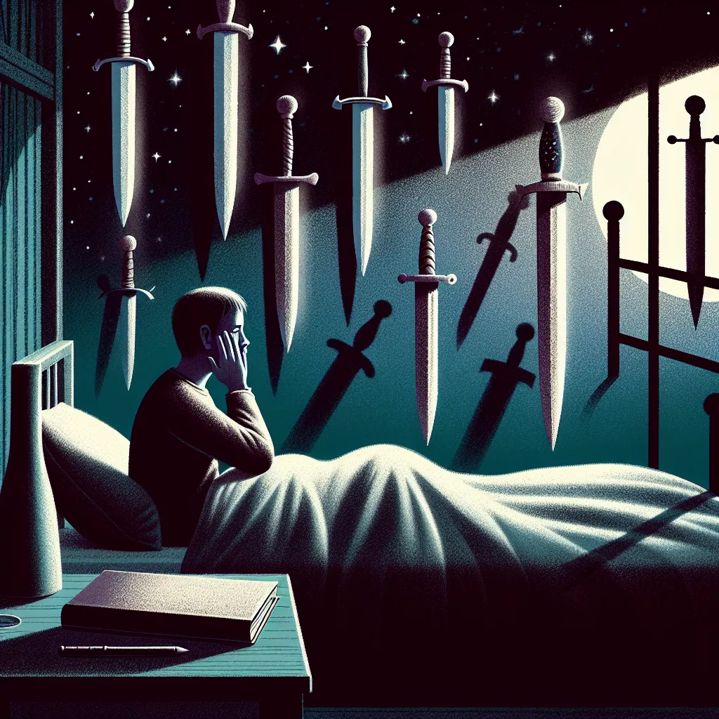 Illustrate a somber, dreamlike bedroom scene at night, featuring a person sitting up in bed with a worried expression, hands on their face. Nine swords are depicted hanging ominously on the wall behind them, casting shadows shaped like fears. The room is dimly lit, with moonlight streaming in through a window, and a journal resting on a bedside table, suggesting introspection and reflection. Capture the mood of anxiety interwoven with a sense of hope and contemplation.