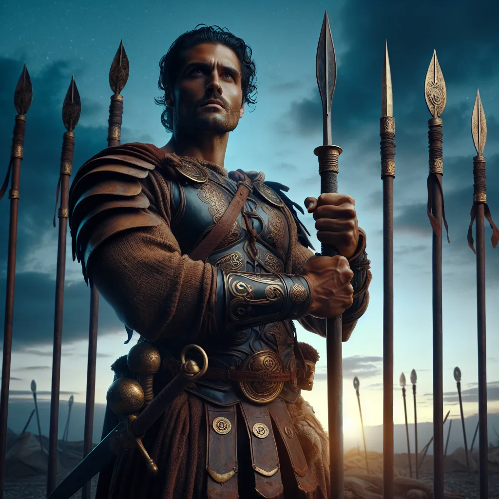 Create a picture of an athletic, Hispanic male figure clad in antiquated battle attire, standing with valor and resilience on a war-torn battlefield. He grips tightly onto one of the nine ornate staffs arranged in a semi-circle behind him, his confident stance illuminating his courage and spirit. The sky overhead is a stunning twilight, a depiction of the harsh trials he's faced. Despite the twilight backdrop indicating tough times, his face is etched with resolution and determination, willing to take on any future battles. This image calls to mind concepts from stoic philosophy and resilience.