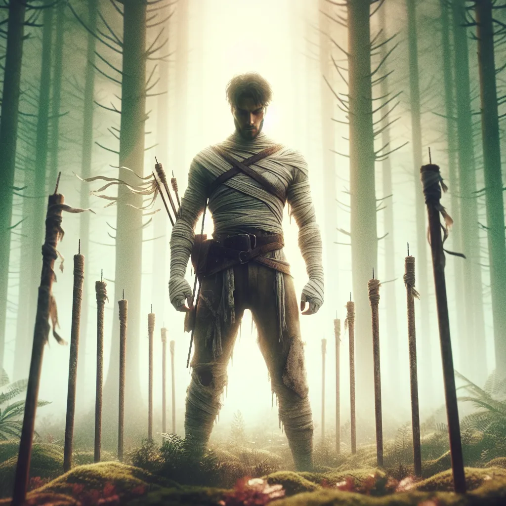 Create an image of a resilient figure inspired by the Nine of Wands tarot card. Depict a determined, bandaged warrior standing firmly in a mystical forest, surrounded by eight wands stuck in the ground. The warrior gazes forward with unwavering resolve, embodying strength and perseverance. Use a blend of muted colors to convey a sense of endurance and hope amidst challenges. The scene should reflect a dreamlike atmosphere, with soft lighting filtering through the trees, highlighting the hero's readiness to face whatever lies ahead.