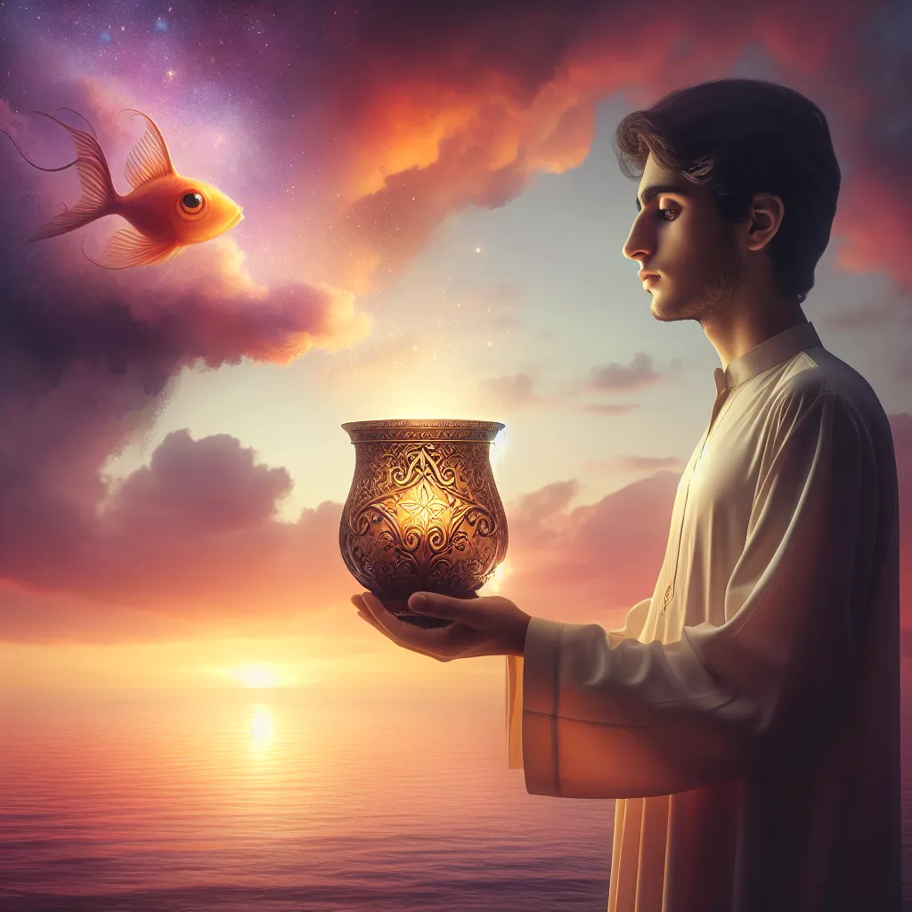 Create an image of a young, deep in thought Middle Eastern male figure standing by a peaceful ocean as the sun sets, grasping an ornate golden cup which has a small curious fish peeking out from within it. The sky should be overflowing with gentle yet vivid shades of orange and purple, intimating a harmony of delicate emotions and the onset of new journeys. The entire scene should capture a faint suggestion of dreaming, softness and profound self-reflection.