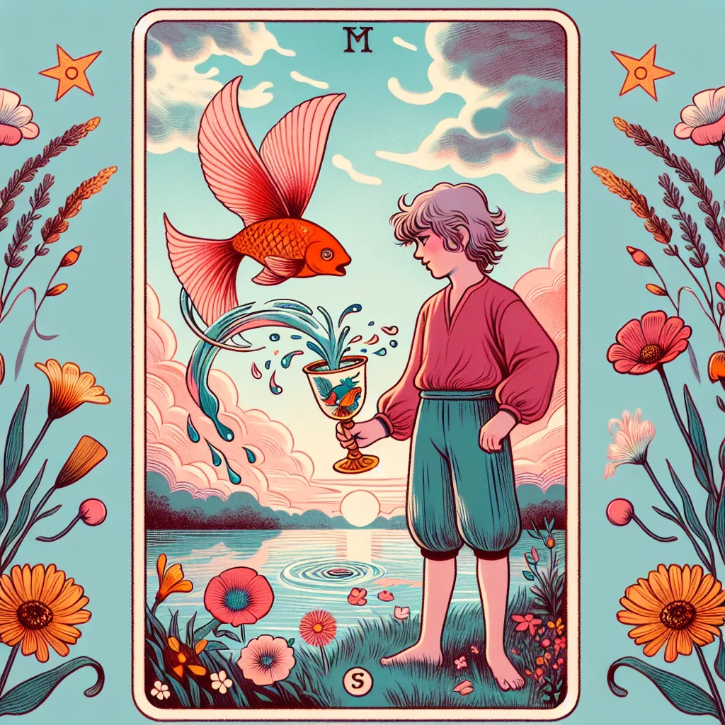 Create an illustration of the Page of Cups tarot card. Showcase a youthful figure standing by a serene lakeside, holding a chalice from which a vibrant fish playfully jumps out. The figure is surrounded by blooming flowers, symbolizing creativity and new beginnings. The sky is a soft blend of pinks and blues, suggesting a dreamy landscape. The expression on the figure's face is one of wonder and curiosity, embodying a sense of emotional openness and artistic imagination.